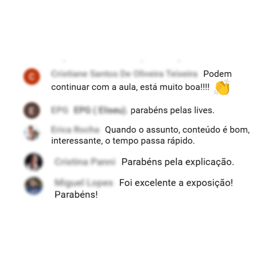 Comentários de participantes elogiando a clareza e o conteúdo do workshop ao vivo
