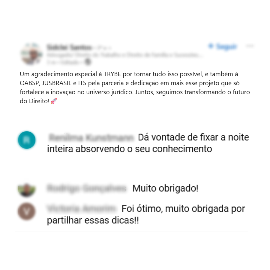 Depoimento agradecendo a parceria entre Trybe, OAB/SP, Jusbrasil e ITS Rio nos workshops